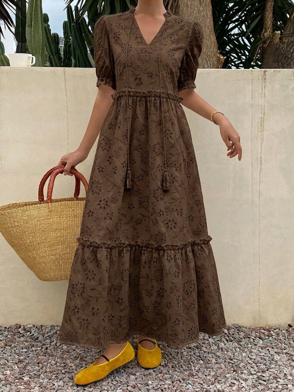 Brown Boho Women's All-Over Print Pleated Casual Party Travel Long Sundress - Picture 5 of 5